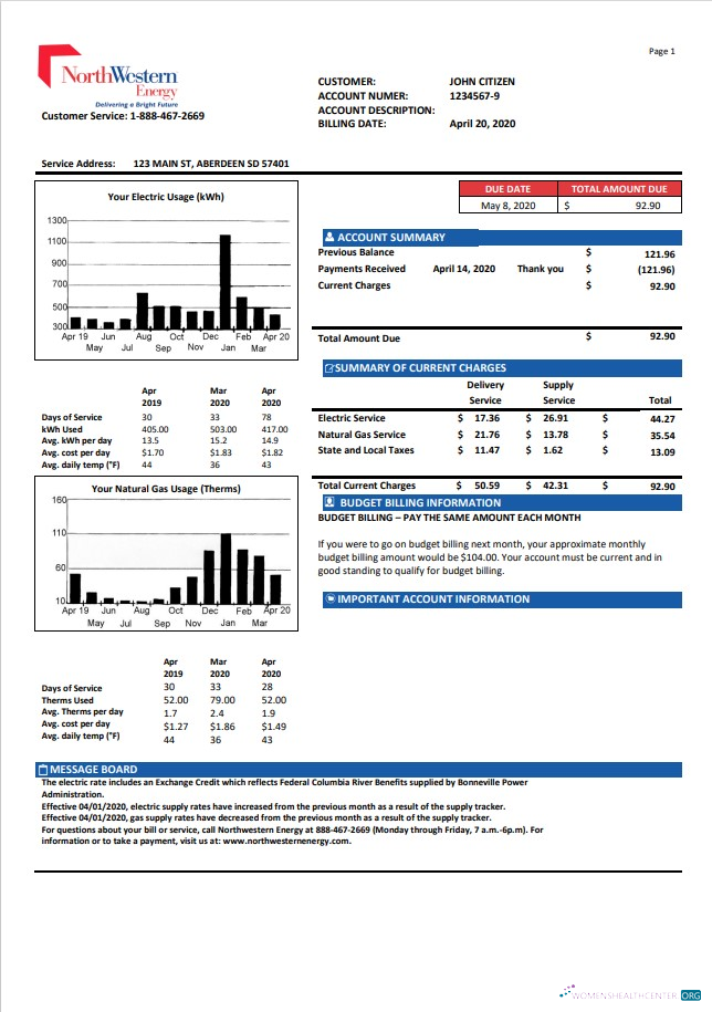 download USA NorthWestern Energy utility bill template in Word and PDF format, version 1 PDF template